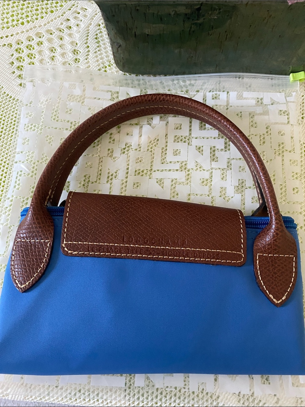 Longchamp - Small Blue Nylon Tote with Brown Leather Trim - Picture 8 of 8